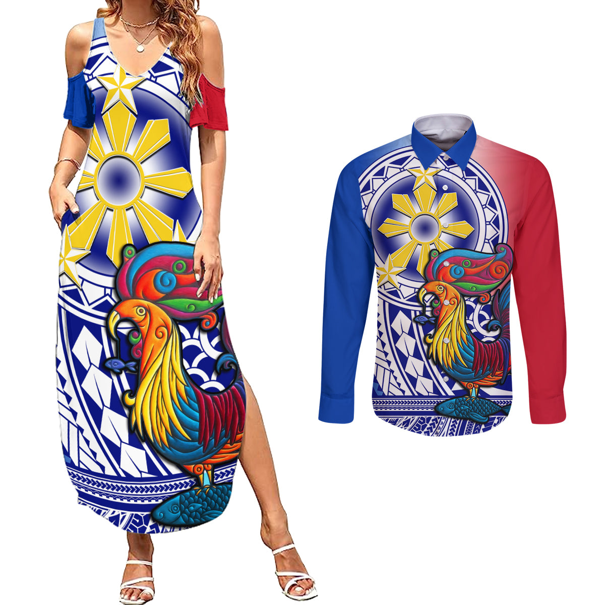 Personalised Philippines Couples Matching Summer Maxi Dress and Long Sleeve Button Shirt Filipino Sarimanok With Polynesian Tattoo LT14 Blue - Polynesian Pride