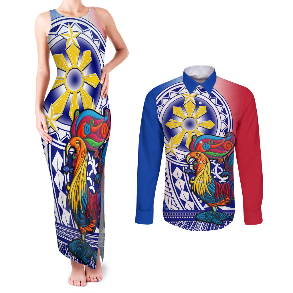 Personalised Philippines Couples Matching Tank Maxi Dress and Long Sleeve Button Shirt Filipino Sarimanok With Polynesian Tattoo LT14 Blue - Polynesian Pride