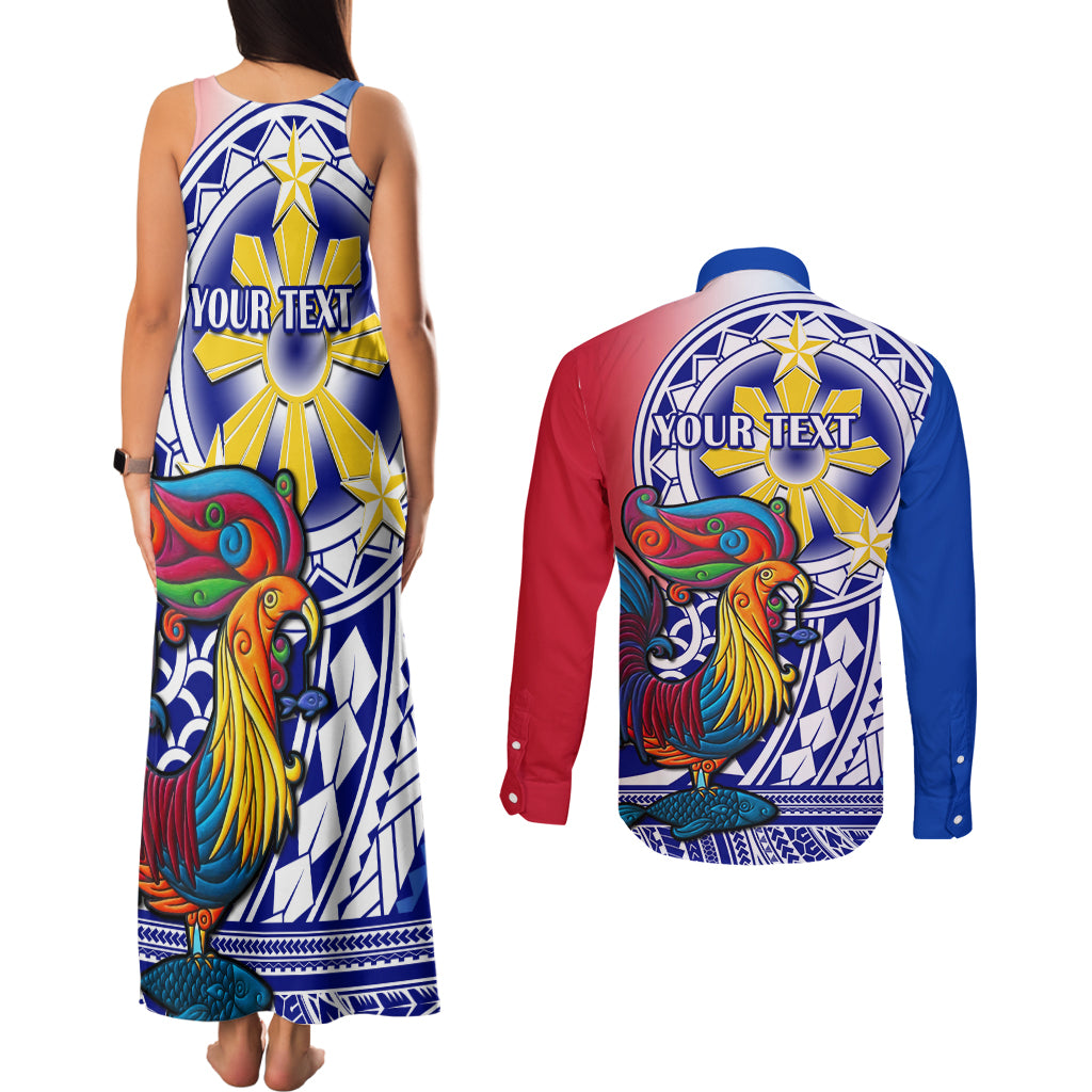 Personalised Philippines Couples Matching Tank Maxi Dress and Long Sleeve Button Shirt Filipino Sarimanok With Polynesian Tattoo LT14 - Polynesian Pride