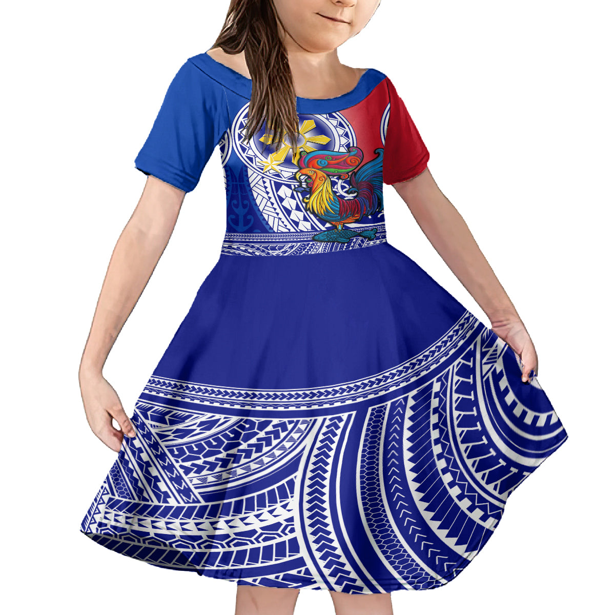 Personalised Philippines Family Matching Long Sleeve Bodycon Dress and Hawaiian Shirt Filipino Sarimanok With Polynesian Tattoo LT14 Daughter's Dress Blue - Polynesian Pride