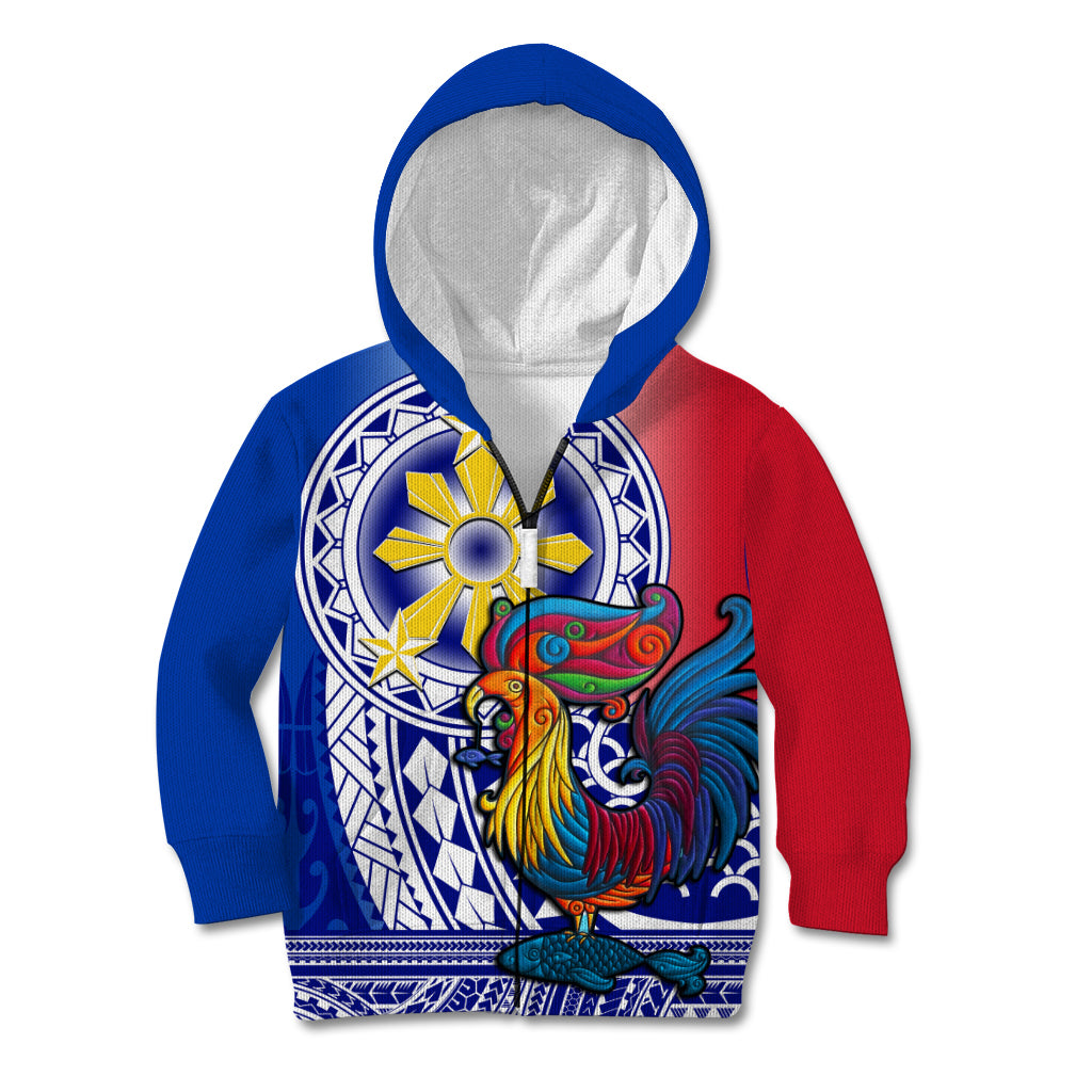 Personalised Philippines Kid Hoodie Filipino Sarimanok With Polynesian Tattoo LT14 Zip Hoodie Blue - Polynesian Pride