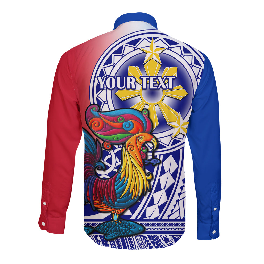 Personalised Philippines Long Sleeve Button Shirt Filipino Sarimanok With Polynesian Tattoo LT14 - Polynesian Pride