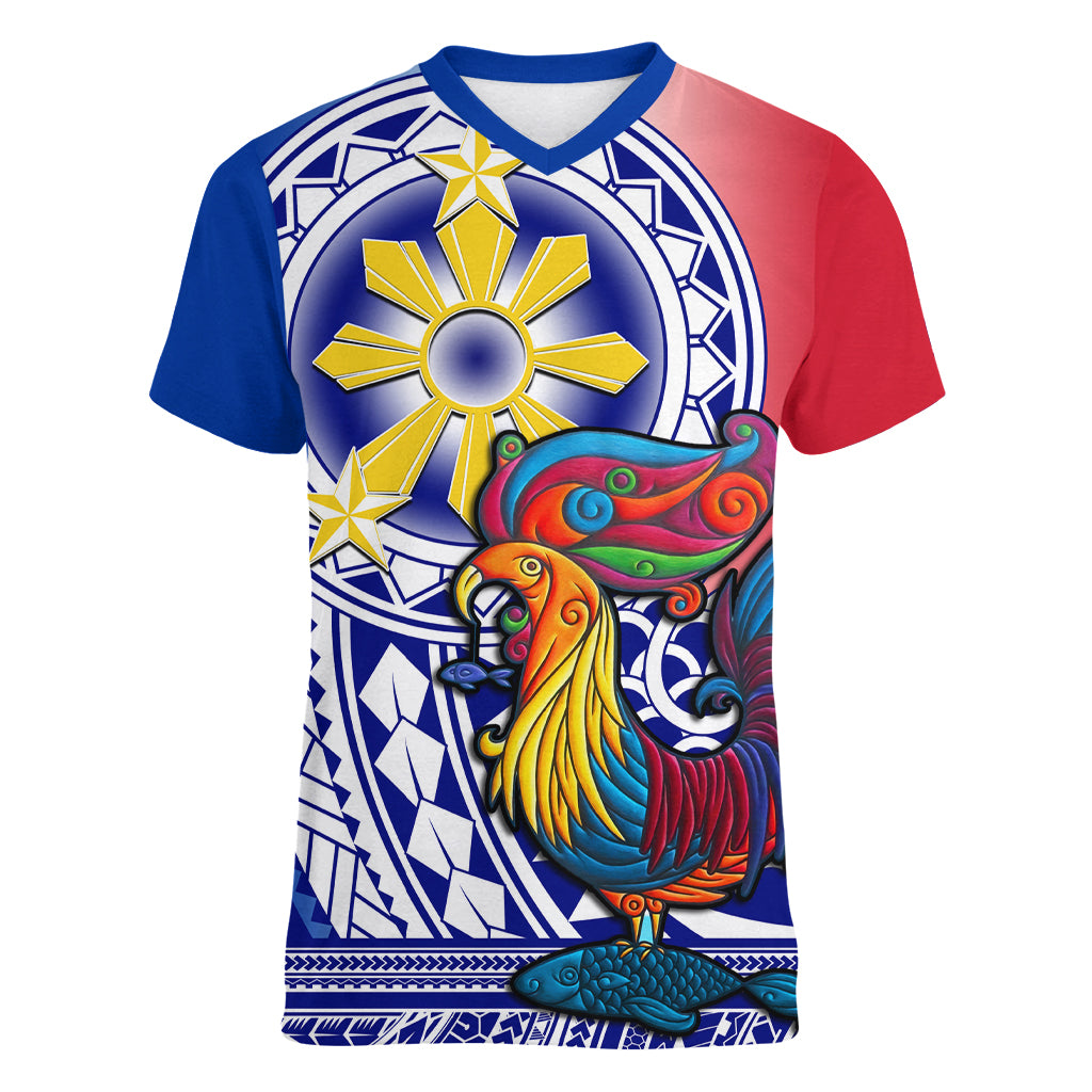 Personalised Philippines Women V Neck T Shirt Filipino Sarimanok With Polynesian Tattoo LT14 Female Blue - Polynesian Pride