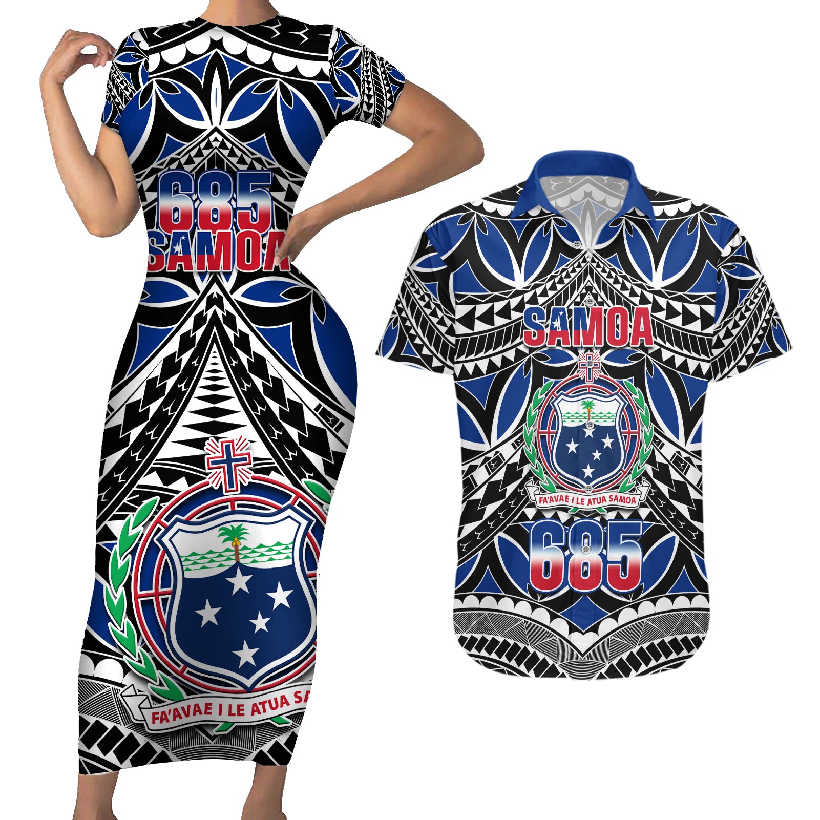 Samoa 685 Couples Matching Short Sleeve Bodycon Dress and Hawaiian Shirt Samoan Coat Of Arms Simple Style LT14 Blue - Polynesian Pride