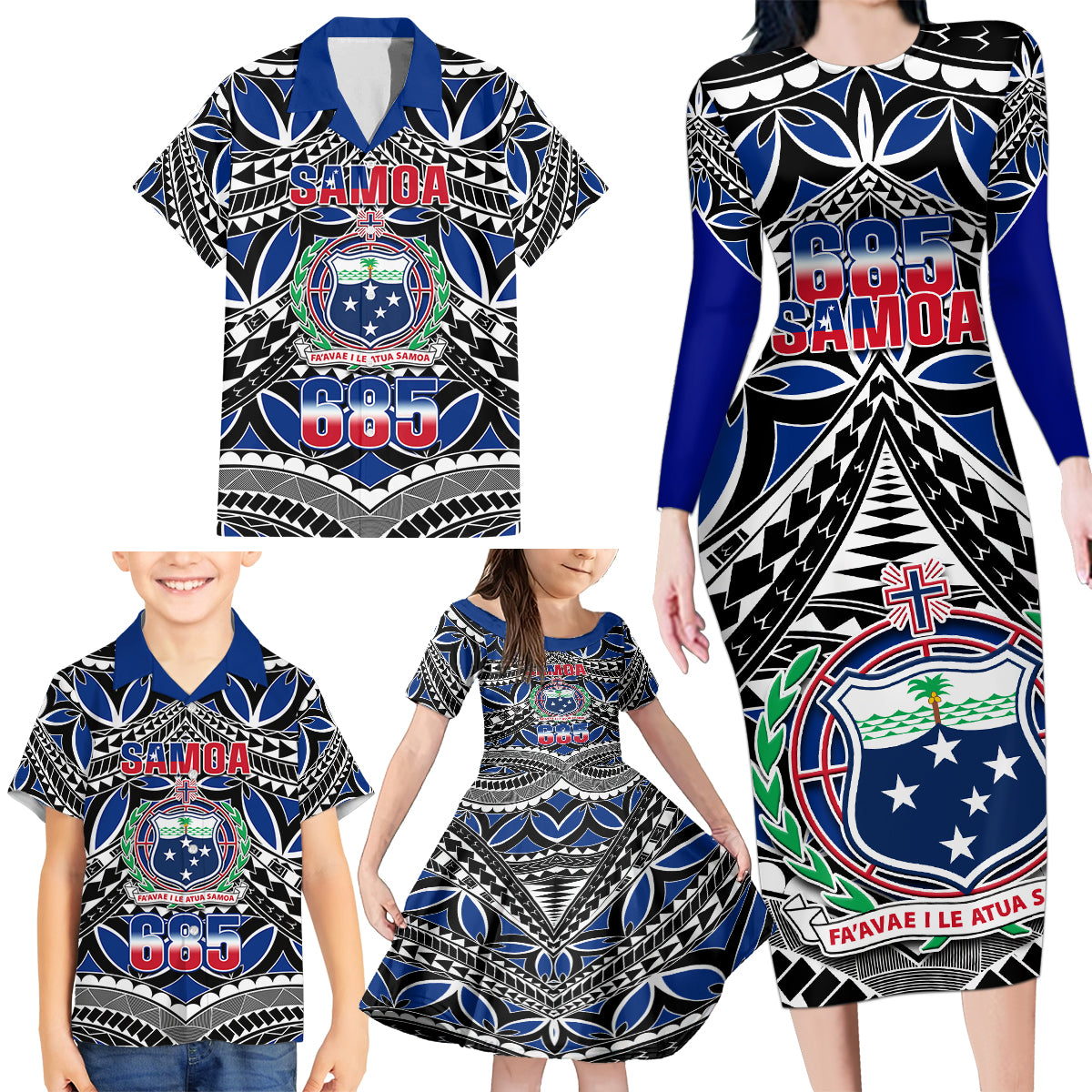 Samoa 685 Family Matching Long Sleeve Bodycon Dress and Hawaiian Shirt Samoan Coat Of Arms Simple Style LT14 - Polynesian Pride
