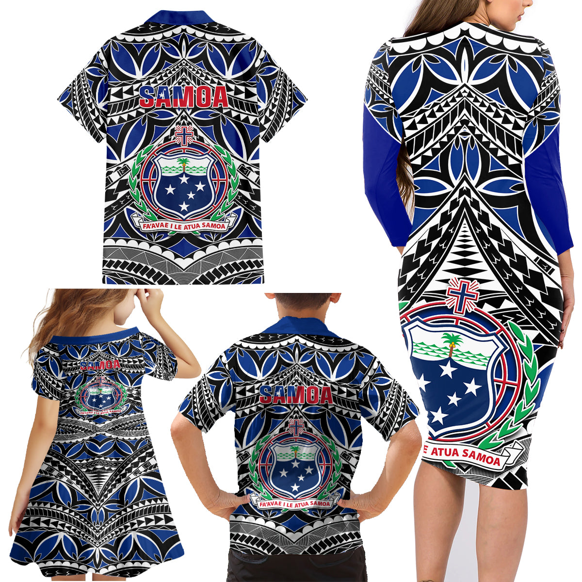 Samoa 685 Family Matching Long Sleeve Bodycon Dress and Hawaiian Shirt Samoan Coat Of Arms Simple Style LT14 - Polynesian Pride