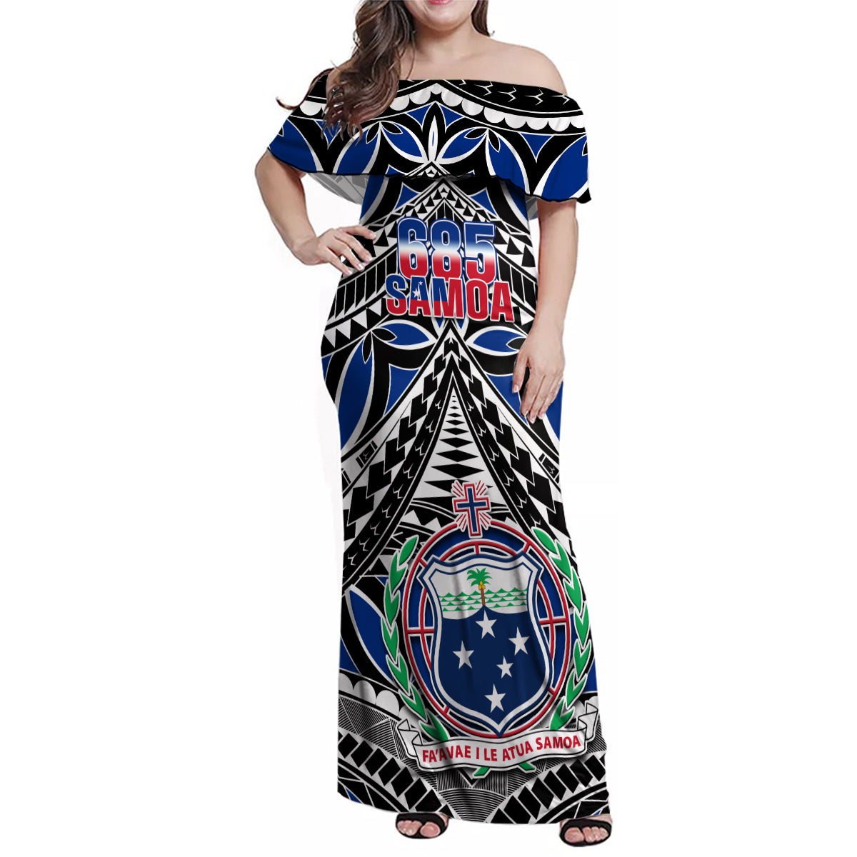 Samoa 685 Family Matching Off Shoulder Maxi Dress and Hawaiian Shirt Samoan Coat Of Arms Simple Style LT14 Mom's Dress Blue - Polynesian Pride