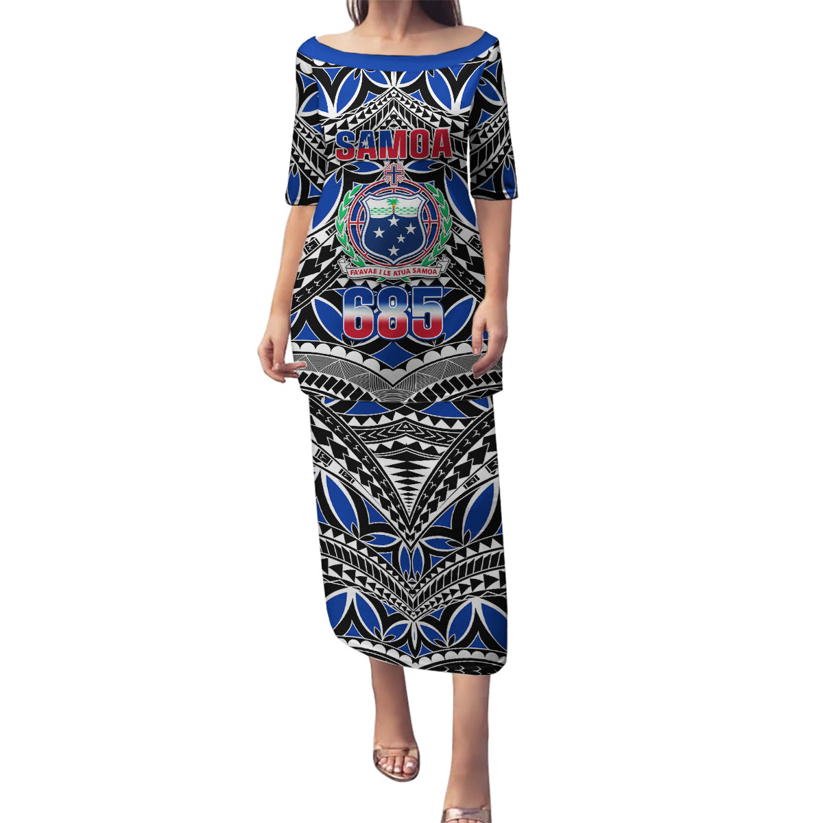 Samoa 685 Family Matching Puletasi Dress and Hawaiian Shirt Samoan Coat Of Arms Simple Style LT14 Mom's Dress Blue - Polynesian Pride