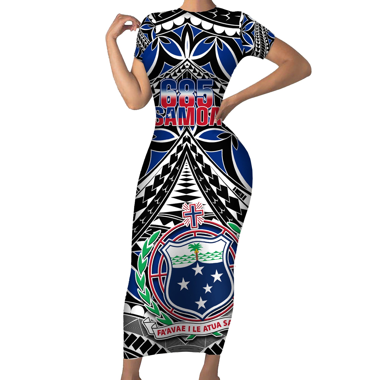 Samoa 685 Short Sleeve Bodycon Dress Samoan Coat Of Arms Simple Style LT14 Long Dress Blue - Polynesian Pride