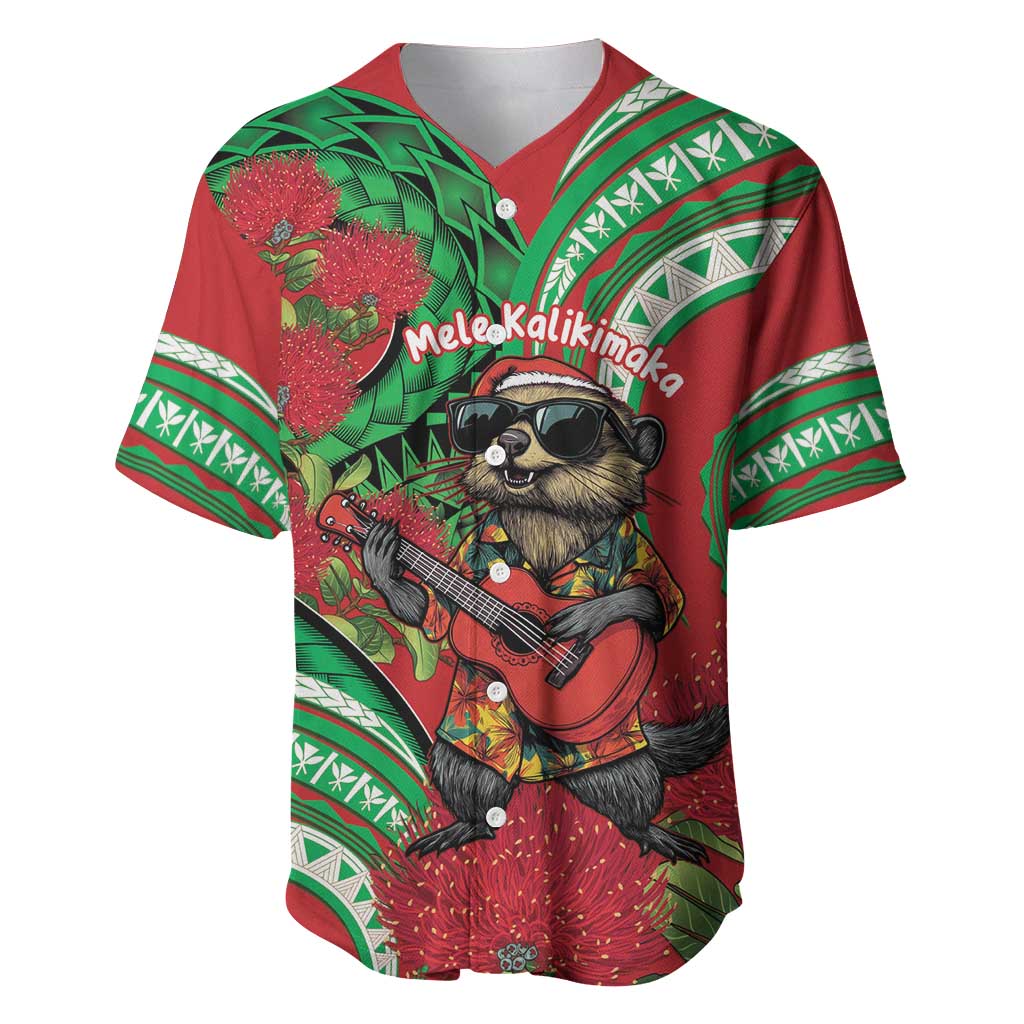 Mele Kalikimaka Hawaii Baseball Jersey Mongoose Santa With Ohia Lehua