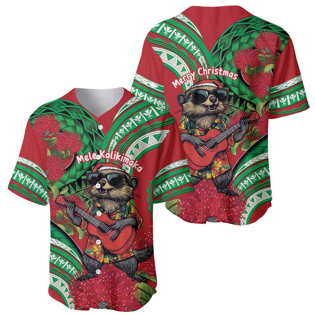 Mele Kalikimaka Hawaii Baseball Jersey Mongoose Santa With Ohia Lehua