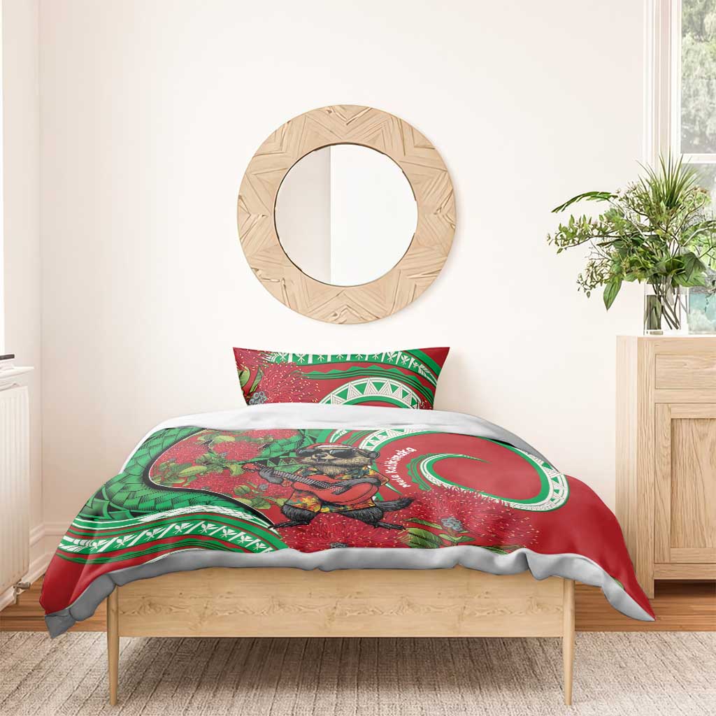 Mele Kalikimaka Hawaii Bedding Set Mongoose Santa With Ohia Lehua