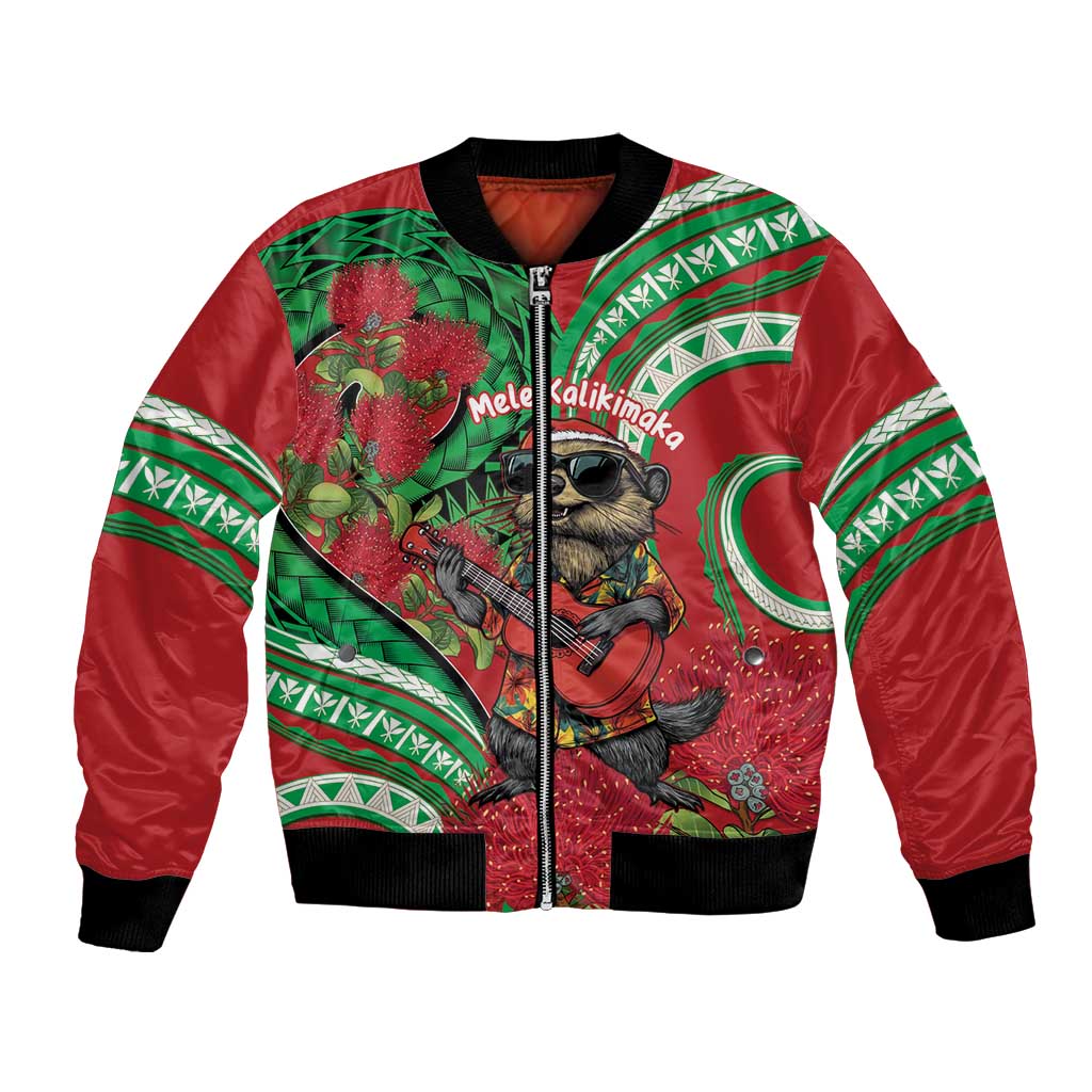 Mele Kalikimaka Hawaii Bomber Jacket Mongoose Santa With Ohia Lehua