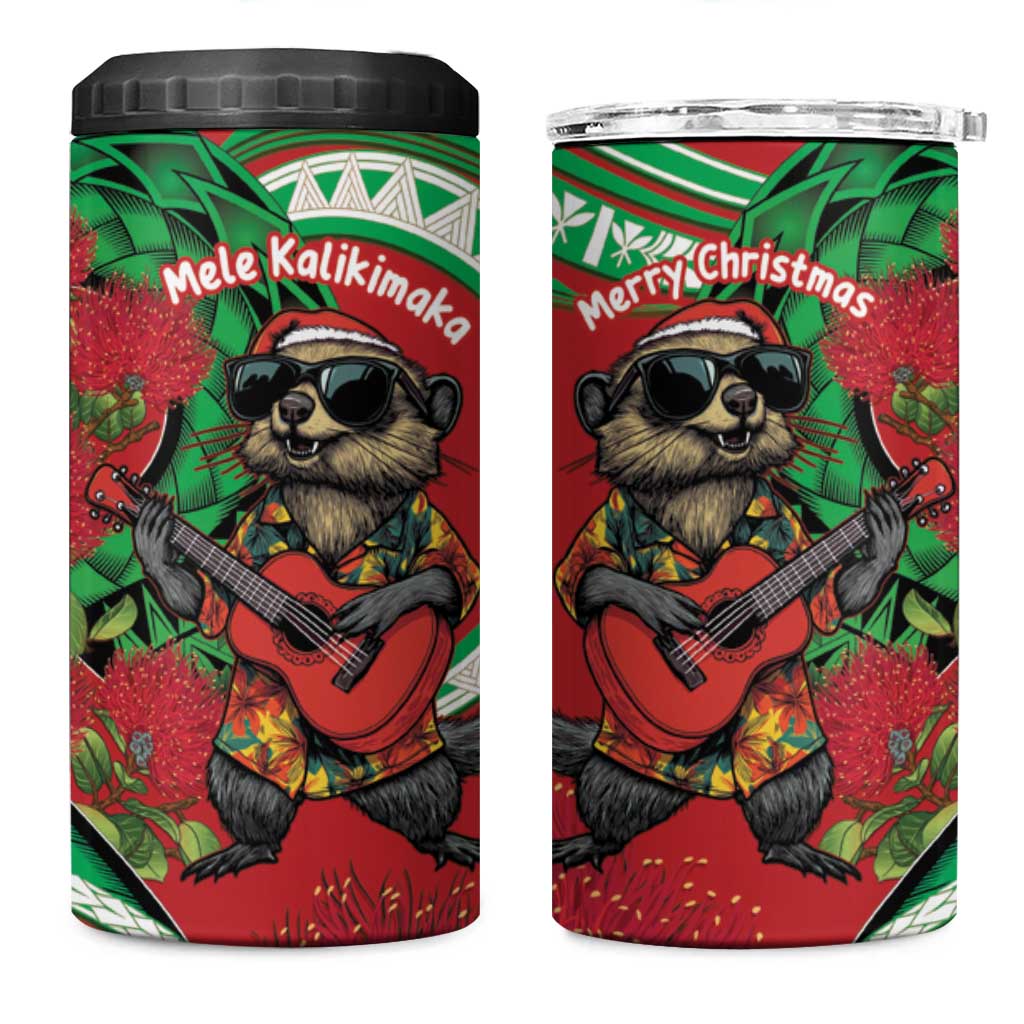 Mele Kalikimaka Hawaii 4 in 1 Can Cooler Tumbler Mongoose Santa With Ohia Lehua