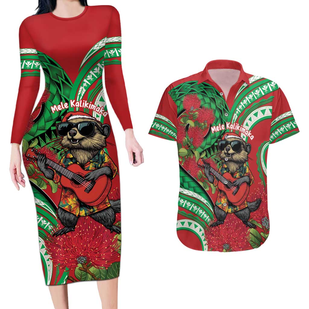 Mele Kalikimaka Hawaii Couples Matching Long Sleeve Bodycon Dress and Hawaiian Shirt Mongoose Santa With Ohia Lehua