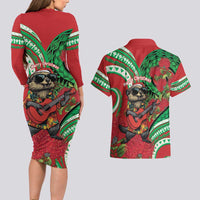 Mele Kalikimaka Hawaii Couples Matching Long Sleeve Bodycon Dress and Hawaiian Shirt Mongoose Santa With Ohia Lehua
