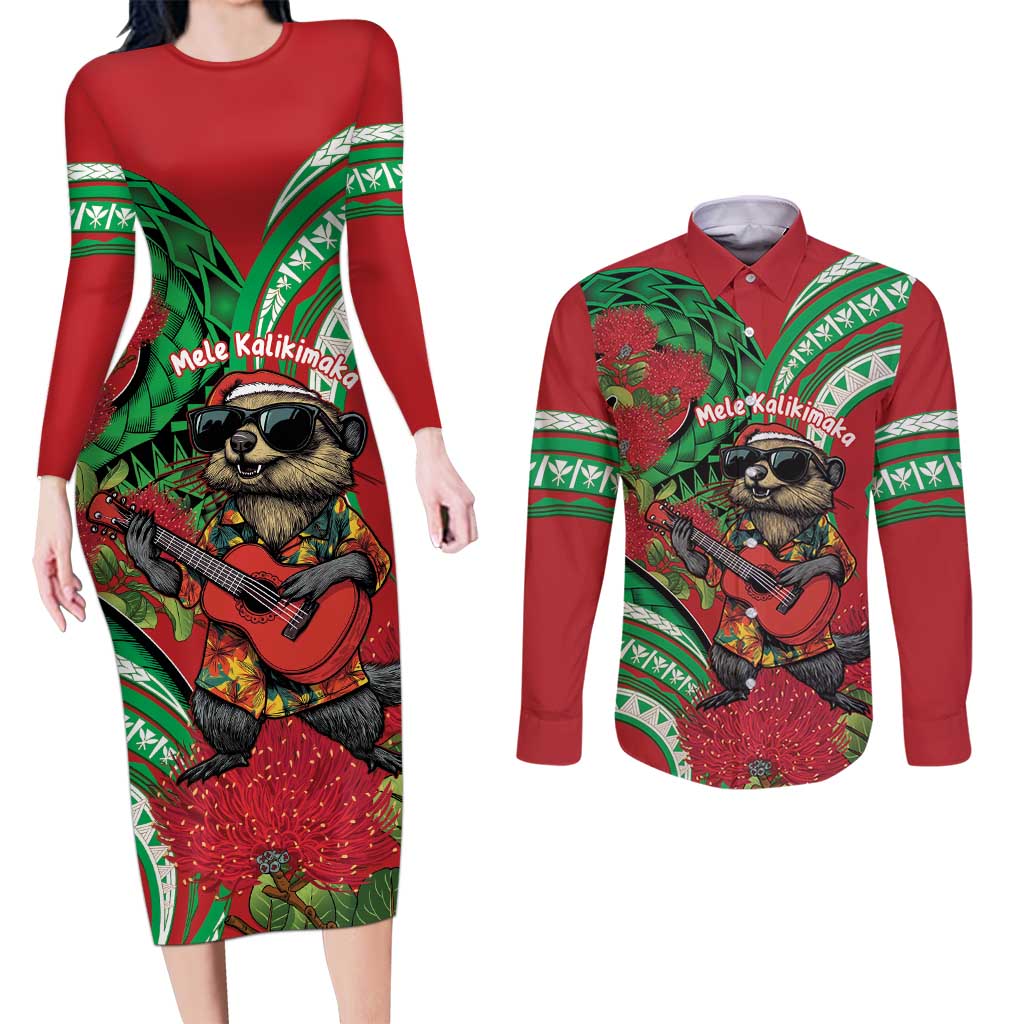 Mele Kalikimaka Hawaii Couples Matching Long Sleeve Bodycon Dress and Long Sleeve Button Shirt Mongoose Santa With Ohia Lehua