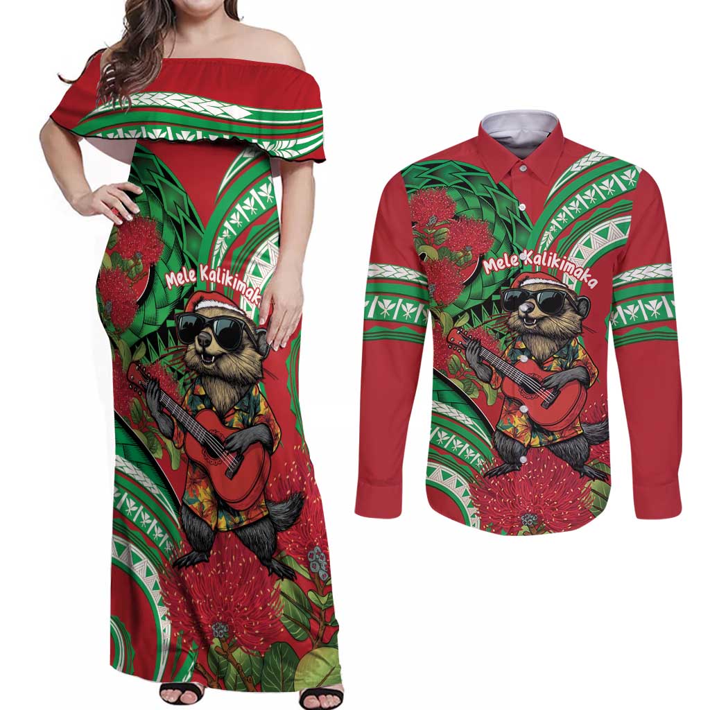 Mele Kalikimaka Hawaii Couples Matching Off Shoulder Maxi Dress and Long Sleeve Button Shirt Mongoose Santa With Ohia Lehua