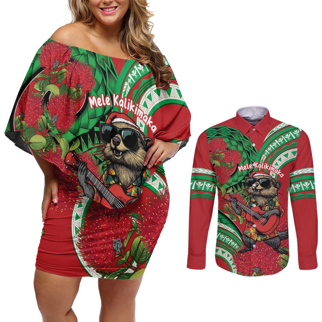 Mele Kalikimaka Hawaii Couples Matching Off Shoulder Short Dress and Long Sleeve Button Shirt Mongoose Santa With Ohia Lehua