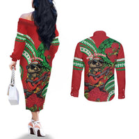 Mele Kalikimaka Hawaii Couples Matching Off The Shoulder Long Sleeve Dress and Long Sleeve Button Shirt Mongoose Santa With Ohia Lehua