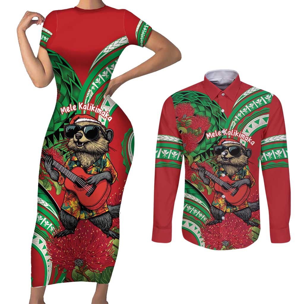 Mele Kalikimaka Hawaii Couples Matching Short Sleeve Bodycon Dress and Long Sleeve Button Shirt Mongoose Santa With Ohia Lehua