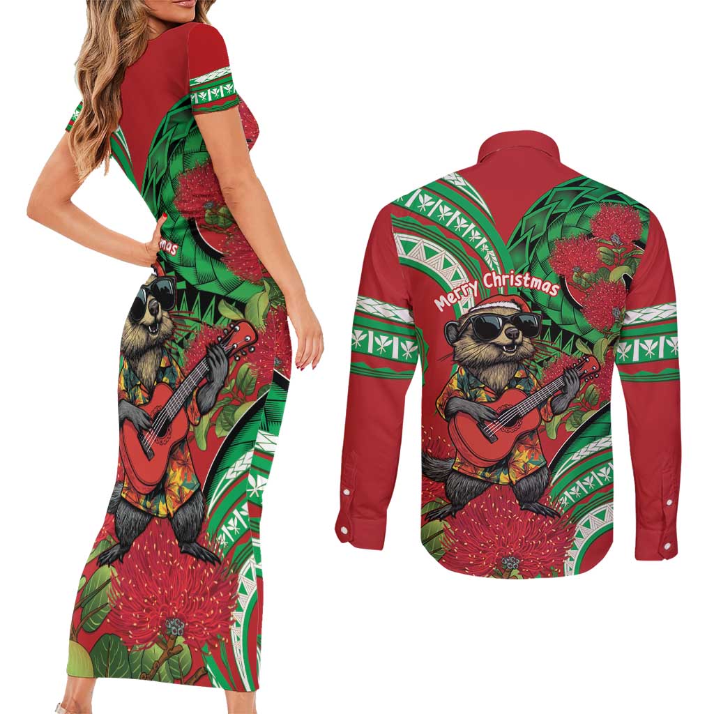 Mele Kalikimaka Hawaii Couples Matching Short Sleeve Bodycon Dress and Long Sleeve Button Shirt Mongoose Santa With Ohia Lehua