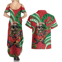 Mele Kalikimaka Hawaii Couples Matching Summer Maxi Dress and Hawaiian Shirt Mongoose Santa With Ohia Lehua