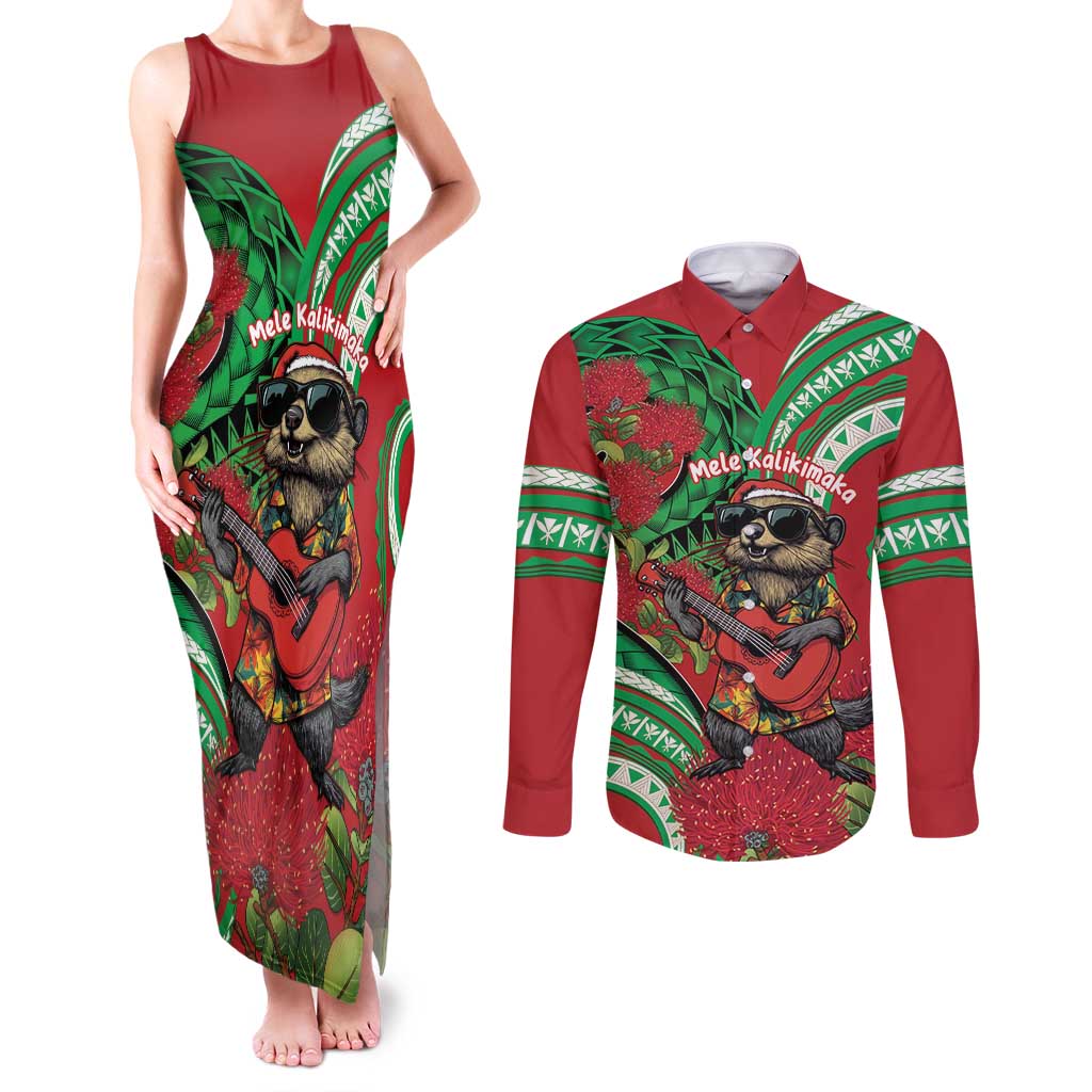 Mele Kalikimaka Hawaii Couples Matching Tank Maxi Dress and Long Sleeve Button Shirt Mongoose Santa With Ohia Lehua