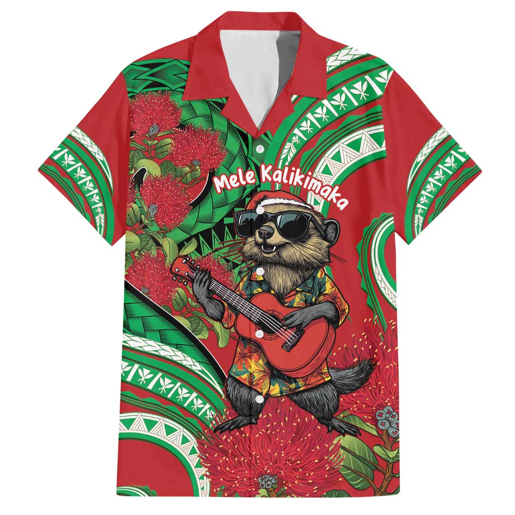 Mele Kalikimaka Hawaii Family Matching Long Sleeve Bodycon Dress and Hawaiian Shirt Mongoose Santa With Ohia Lehua LT14 Dad's Shirt - Short Sleeve Red - Polynesian Pride