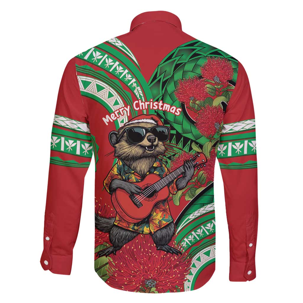 Mele Kalikimaka Hawaii Family Matching Long Sleeve Bodycon Dress and Hawaiian Shirt Mongoose Santa With Ohia Lehua LT14 - Polynesian Pride