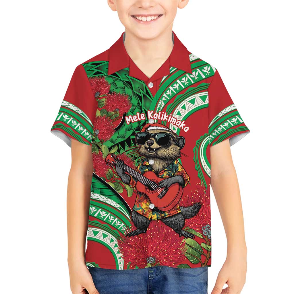 Mele Kalikimaka Hawaii Family Matching Long Sleeve Bodycon Dress and Hawaiian Shirt Mongoose Santa With Ohia Lehua LT14 Son's Shirt Red - Polynesian Pride