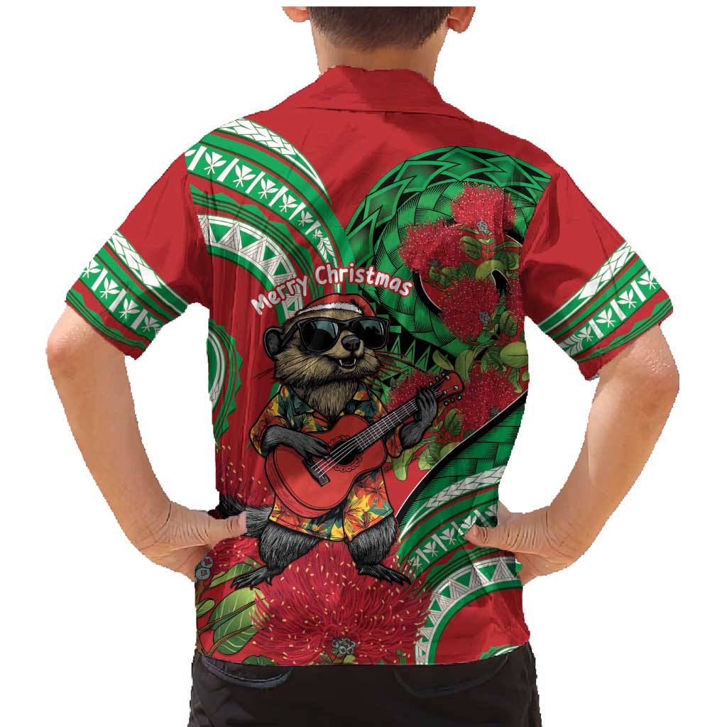 Mele Kalikimaka Hawaii Family Matching Mermaid Dress and Hawaiian Shirt Mongoose Santa With Ohia Lehua LT14 - Polynesian Pride