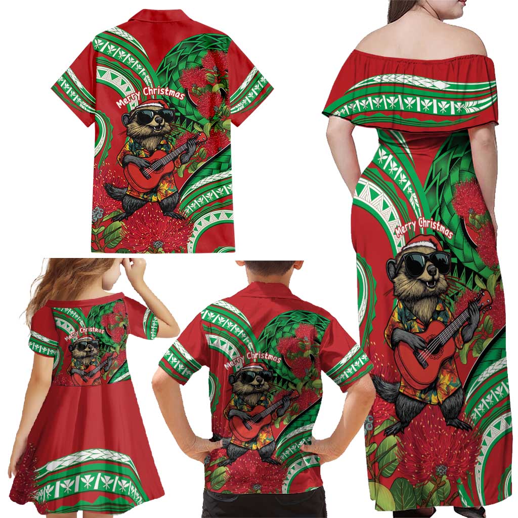 Mele Kalikimaka Hawaii Family Matching Off Shoulder Maxi Dress and Hawaiian Shirt Mongoose Santa With Ohia Lehua