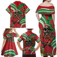 Mele Kalikimaka Hawaii Family Matching Off Shoulder Maxi Dress and Hawaiian Shirt Mongoose Santa With Ohia Lehua