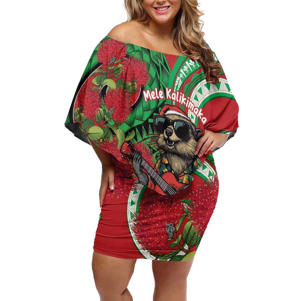 Mele Kalikimaka Hawaii Family Matching Off Shoulder Short Dress and Hawaiian Shirt Mongoose Santa With Ohia Lehua