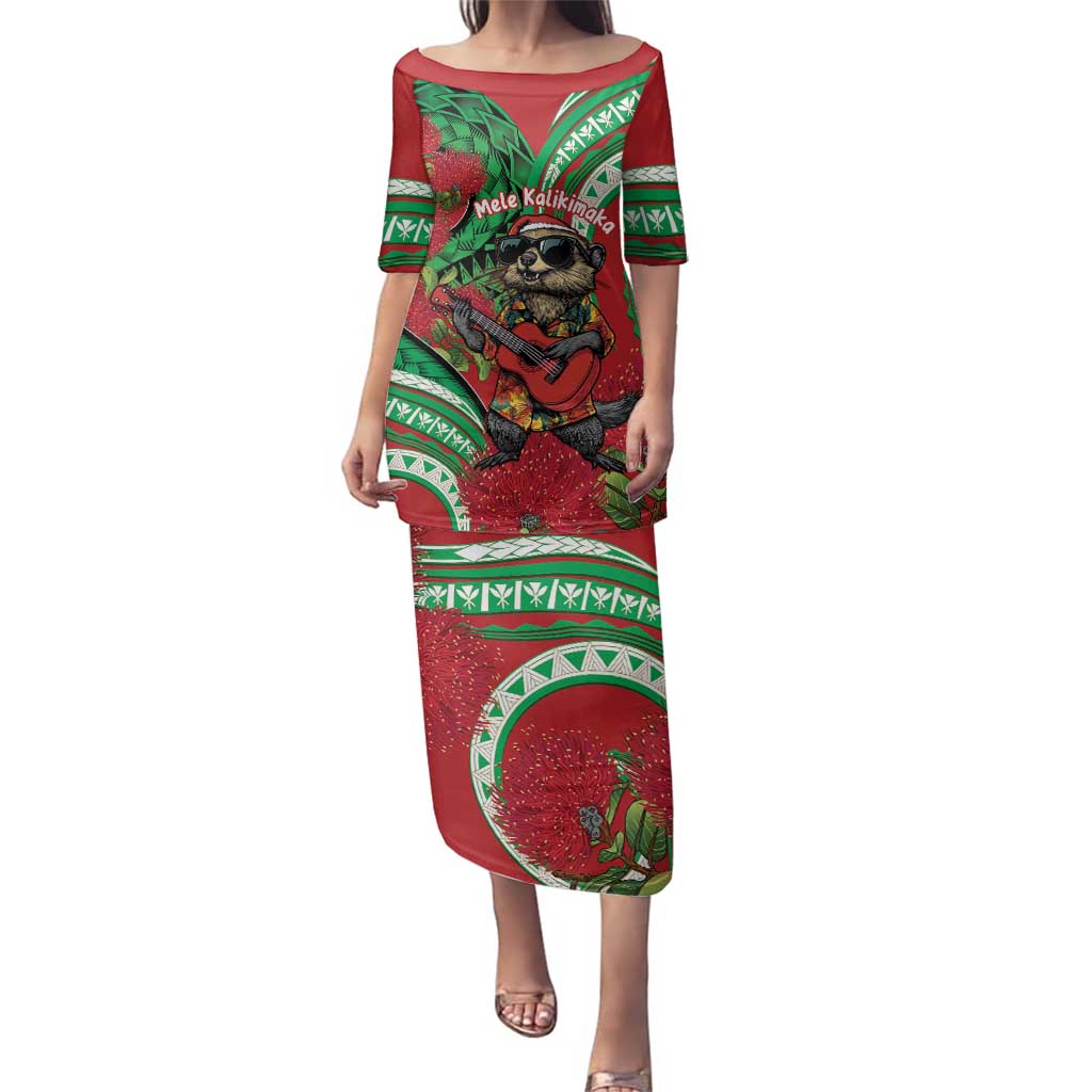 Mele Kalikimaka Hawaii Family Matching Puletasi and Hawaiian Shirt Mongoose Santa With Ohia Lehua LT14 Mom's Dress Red - Polynesian Pride