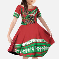 Mele Kalikimaka Hawaii Family Matching Short Sleeve Bodycon Dress and Hawaiian Shirt Mongoose Santa With Ohia Lehua LT14 Daughter's Dress Red - Polynesian Pride