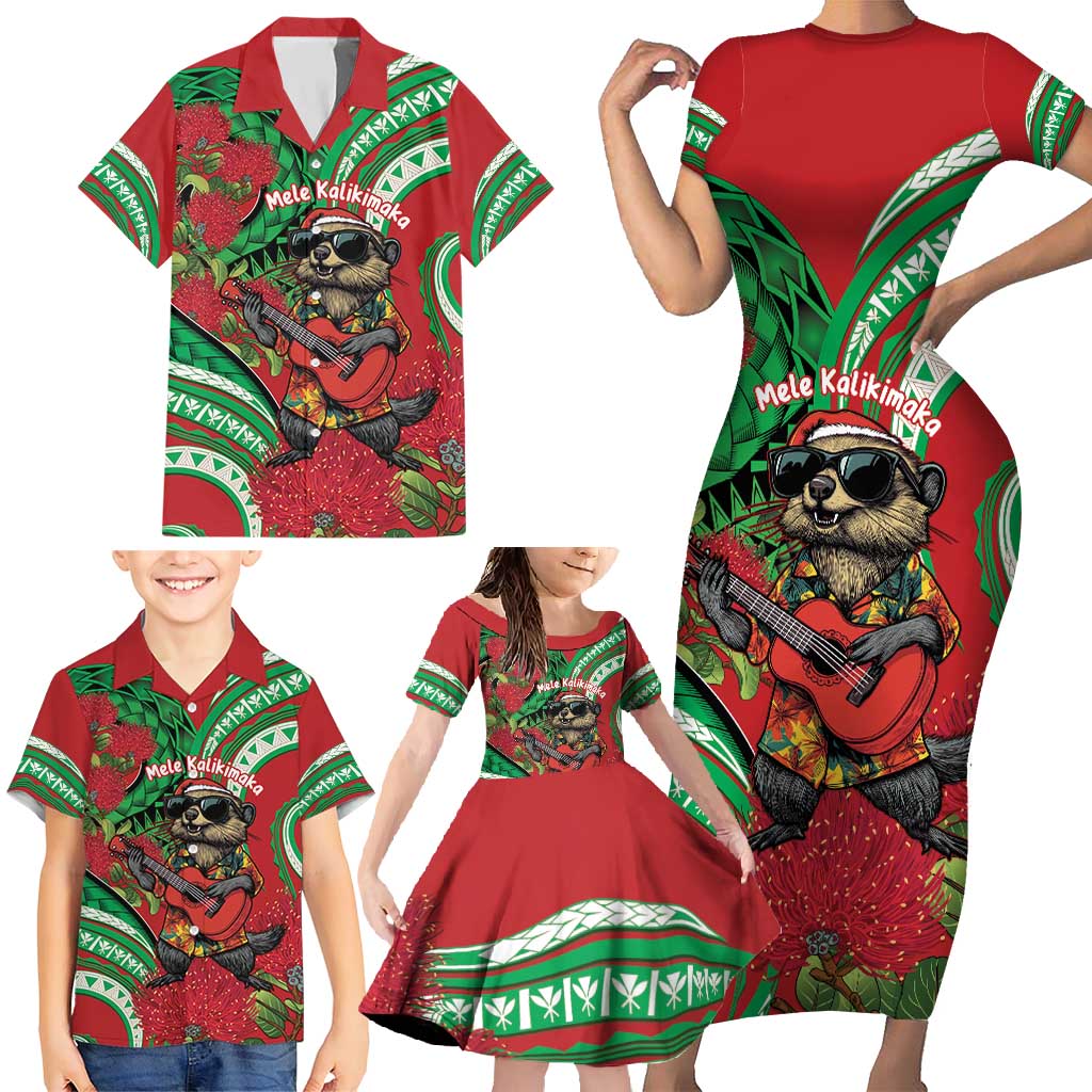Mele Kalikimaka Hawaii Family Matching Short Sleeve Bodycon Dress and Hawaiian Shirt Mongoose Santa With Ohia Lehua LT14 - Polynesian Pride