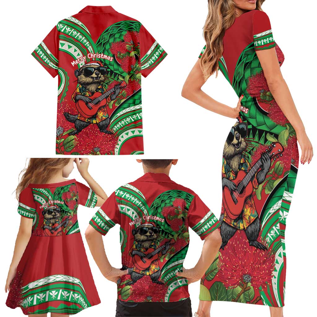Mele Kalikimaka Hawaii Family Matching Short Sleeve Bodycon Dress and Hawaiian Shirt Mongoose Santa With Ohia Lehua LT14 - Polynesian Pride