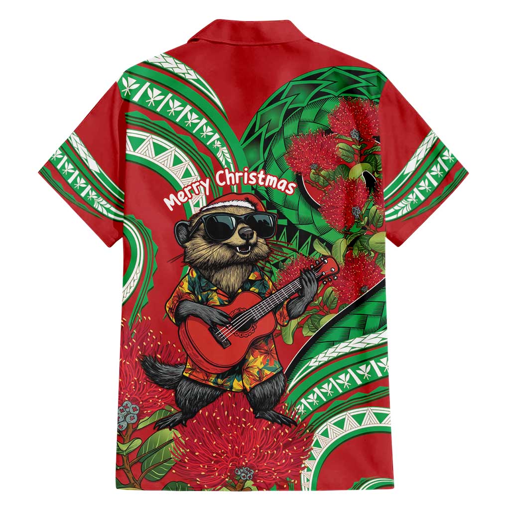 Mele Kalikimaka Hawaii Family Matching Short Sleeve Bodycon Dress and Hawaiian Shirt Mongoose Santa With Ohia Lehua LT14 - Polynesian Pride