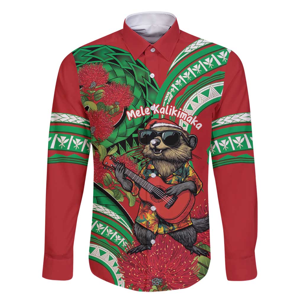 Mele Kalikimaka Hawaii Family Matching Short Sleeve Bodycon Dress and Hawaiian Shirt Mongoose Santa With Ohia Lehua LT14 Dad's Shirt - Long Sleeve Red - Polynesian Pride