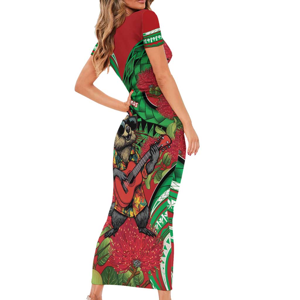 Mele Kalikimaka Hawaii Family Matching Short Sleeve Bodycon Dress and Hawaiian Shirt Mongoose Santa With Ohia Lehua LT14 - Polynesian Pride