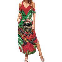 Mele Kalikimaka Hawaii Family Matching Summer Maxi Dress and Hawaiian Shirt Mongoose Santa With Ohia Lehua