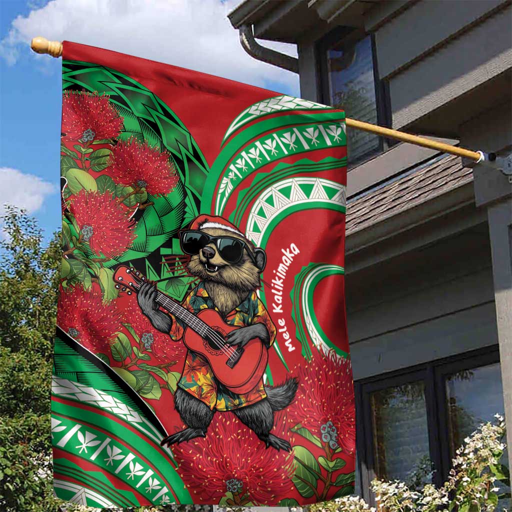 Mele Kalikimaka Hawaii Garden Flag Mongoose Santa With Ohia Lehua