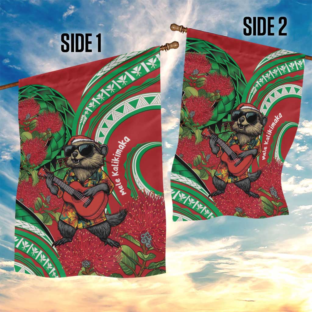 Mele Kalikimaka Hawaii Garden Flag Mongoose Santa With Ohia Lehua