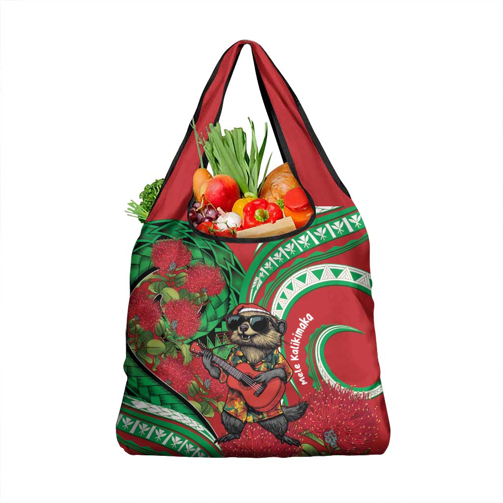 Mele Kalikimaka Hawaii Grocery Bag Mongoose Santa With Ohia Lehua