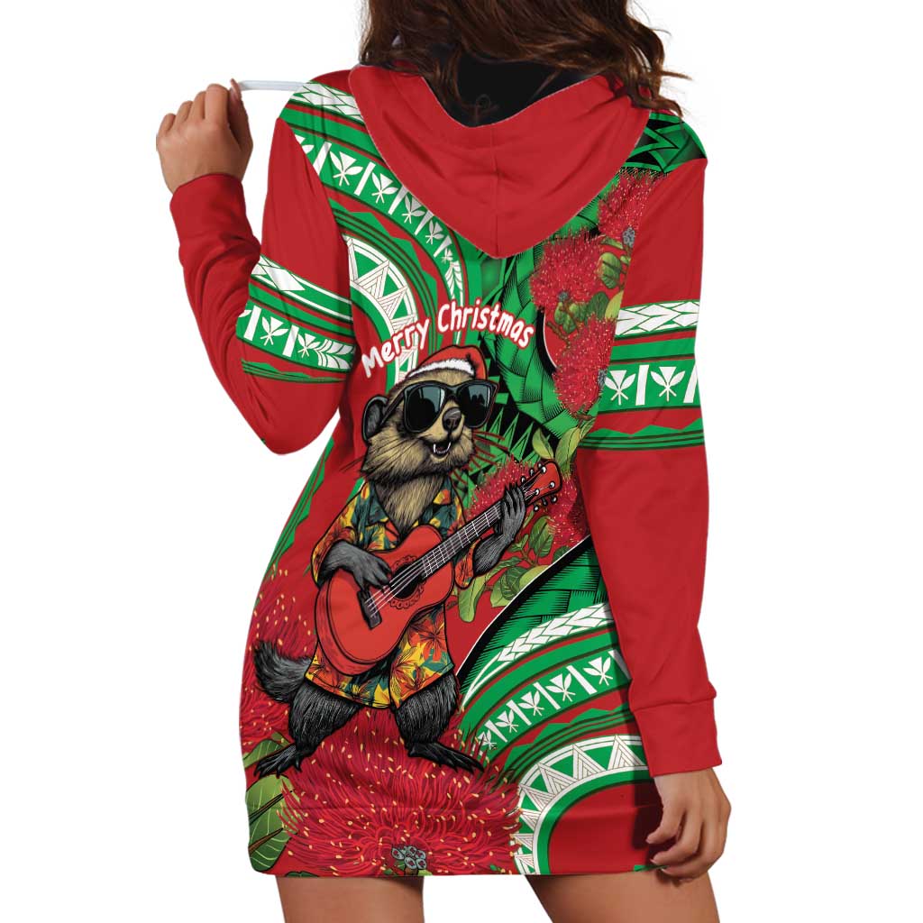 Mele Kalikimaka Hawaii Hoodie Dress Mongoose Santa With Ohia Lehua