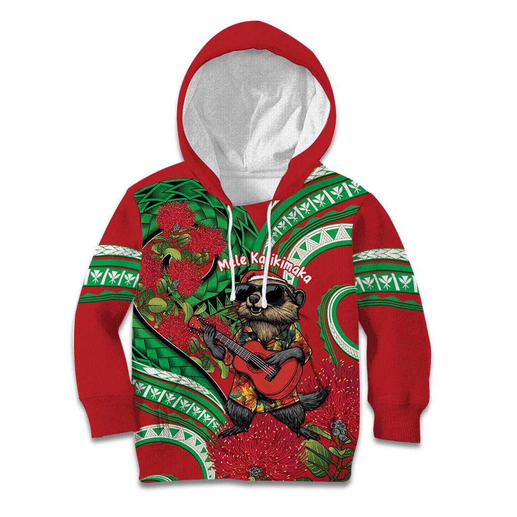 Mele Kalikimaka Hawaii Kid Hoodie Mongoose Santa With Ohia Lehua