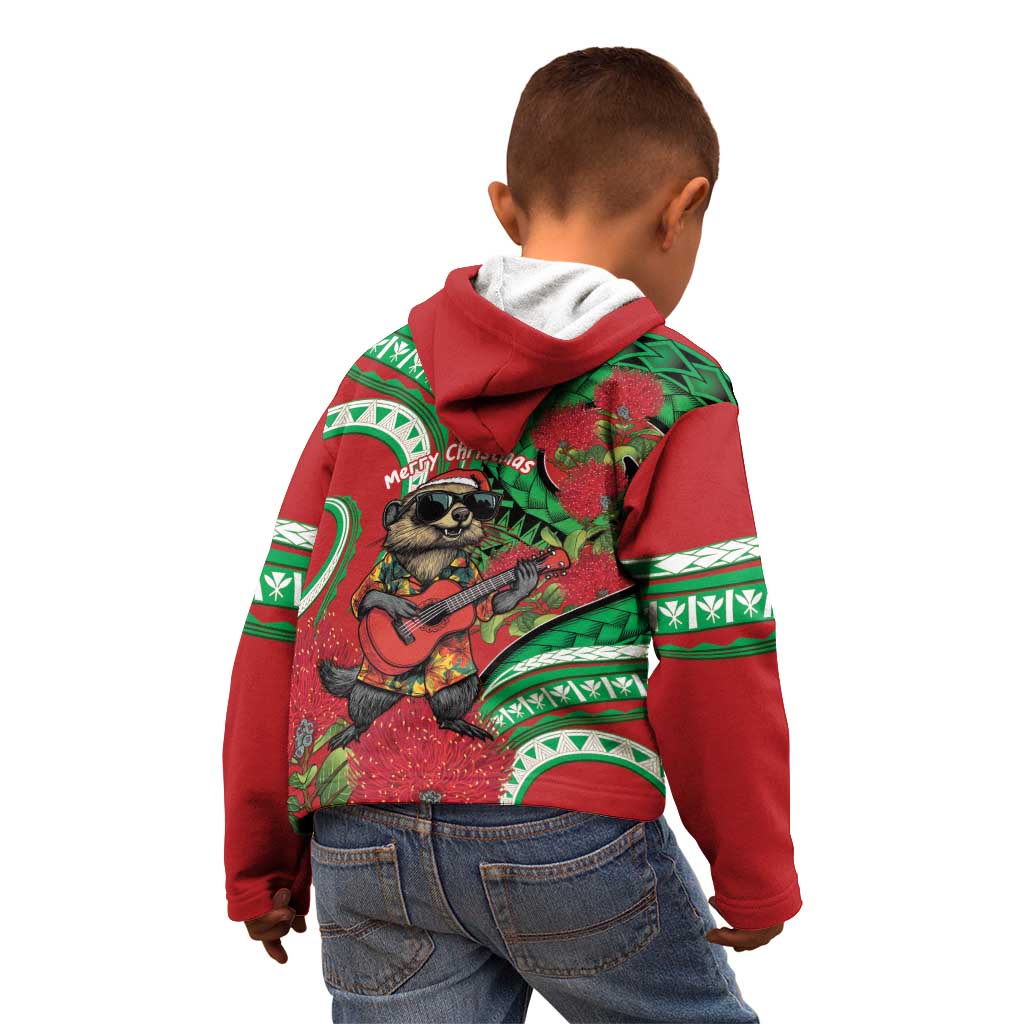 Mele Kalikimaka Hawaii Kid Hoodie Mongoose Santa With Ohia Lehua