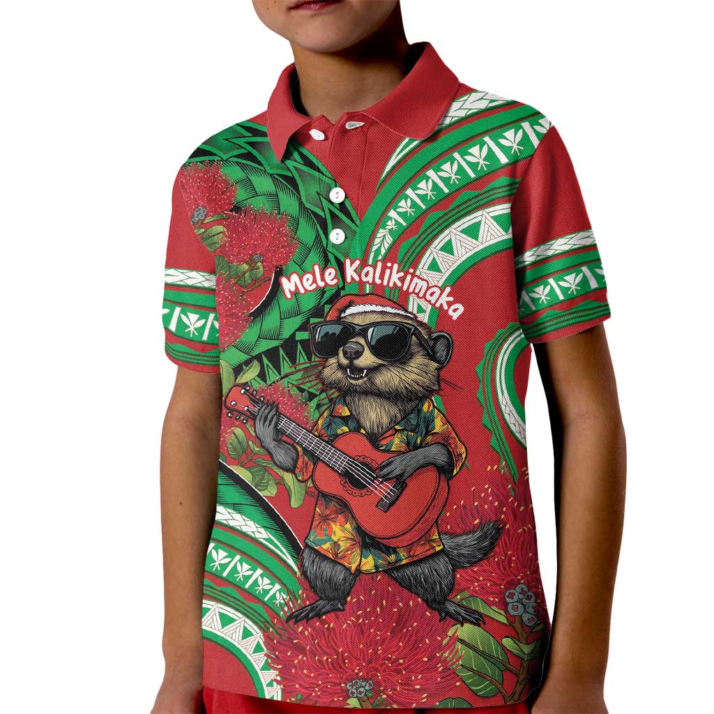 Mele Kalikimaka Hawaii Kid Polo Shirt Mongoose Santa With Ohia Lehua